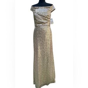 Dessy Collection Elegant Gold Sequin Off-Shoulder Maxi Gown Size 8 NWT